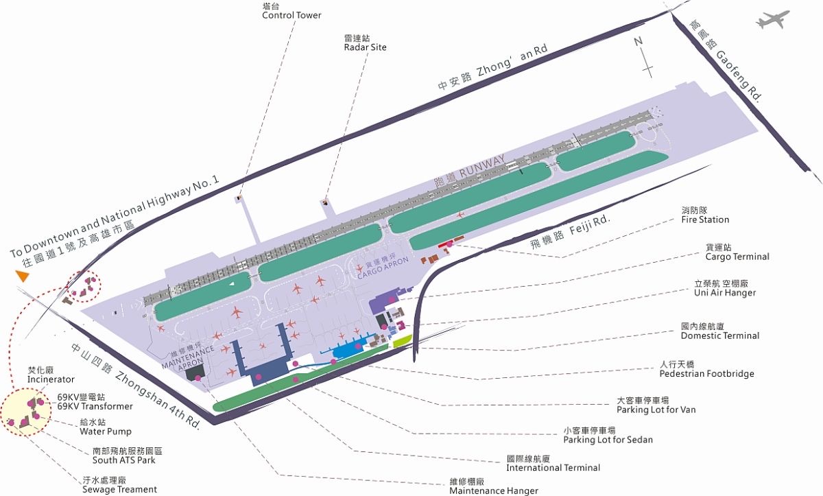 高雄小港機場平面圖,標出國際航廈、國內線航廈與中山四路